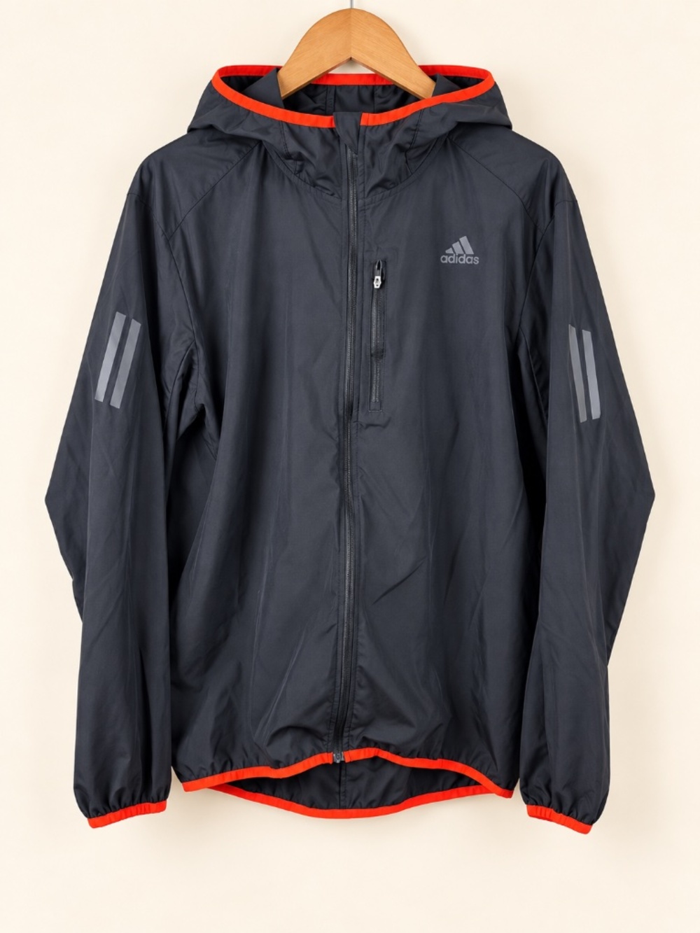Adidas Black Hooded Lightweight Running Windbreaker Jacket Reflective